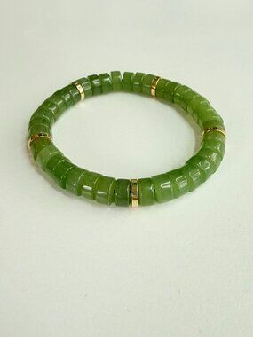 Green Nephrite Jade Bracelet Unisex Gold Spacer Stretch Minimalist